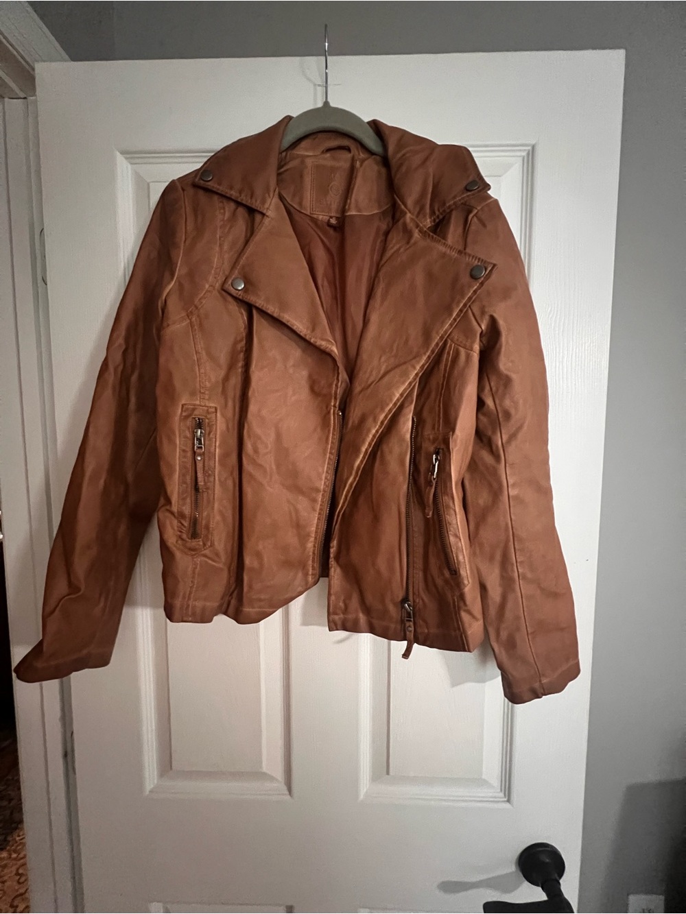 Max Studio Cognac Faux-Leather Moto Jacket with Zip